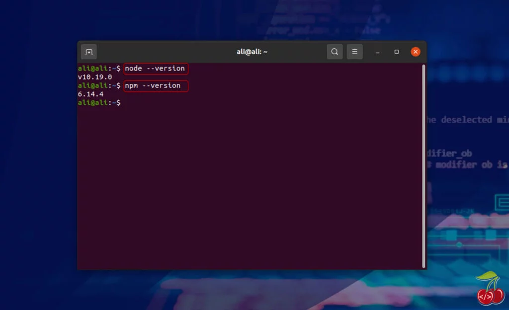 nodejs در لینوکس - تست ورژن